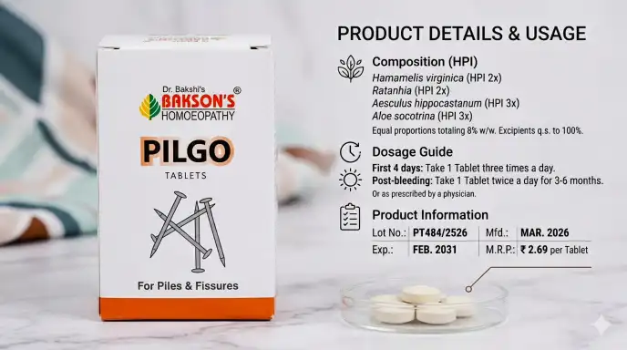 dr. bakshi’s bakson’s homoeopathy pilgo tablets – natural relief for piles & fissures